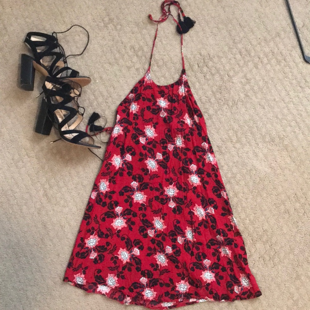 Red design halter low back dress from Express
